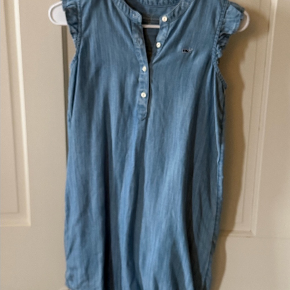 Vineyard Vines Girls Chambray Blue Ruffle Sleeveless Button-Down Dress, Size 10